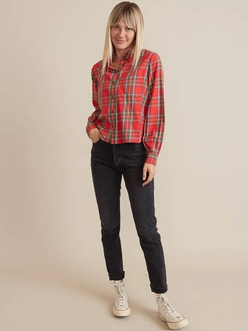 Marine Layer | Zoe LS Crop Relaxed Shirt | 
Red Tartan Plaid | Small